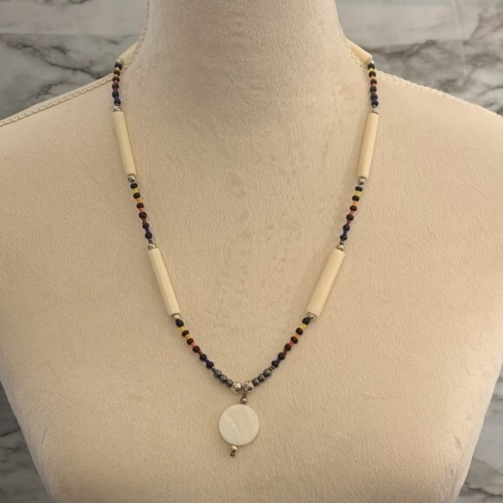 Handmade Women's Tribal Style Necklace Beige/Multicolor 12.5 Inches